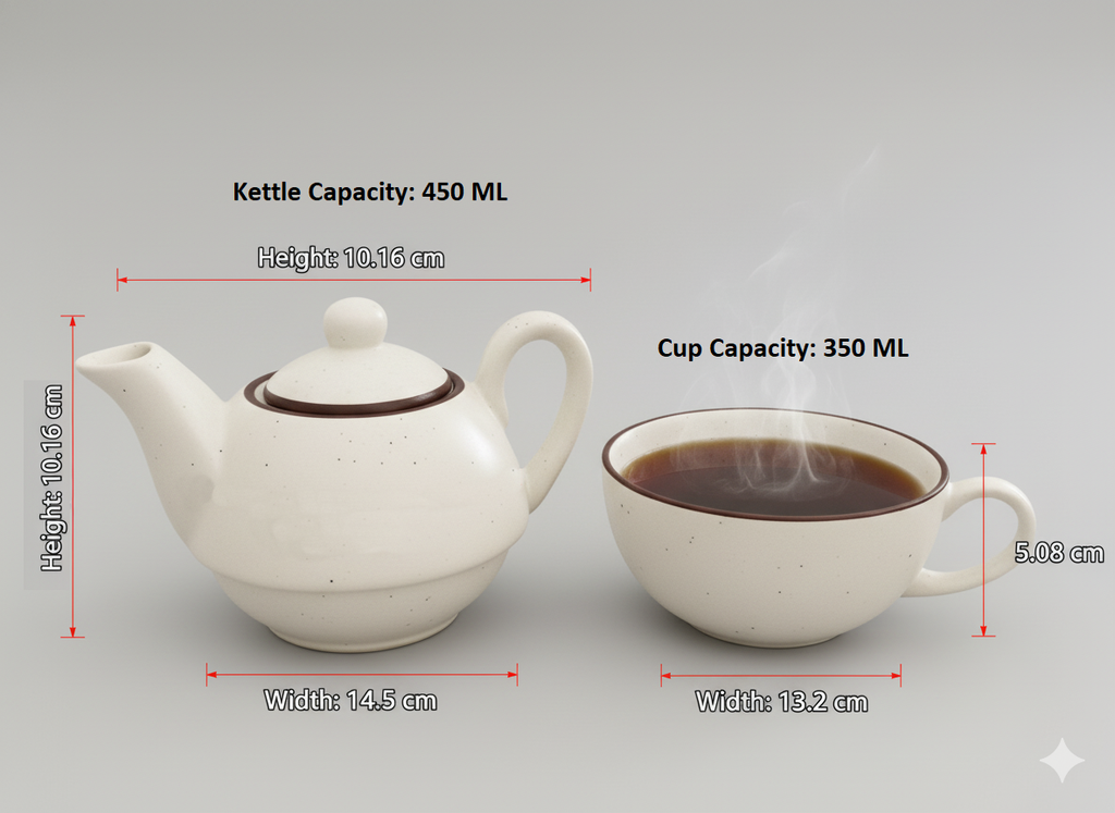 Handcrafted White Ceramic Kettle Tea Set with Elegant Speckled Design – 1 Floral Cup (350ml) and Teapot (450ml) | Handmade Ceramic Tea Set with Kettle | Microwave & Dishwasher Safe