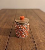 YUTORI Handcrafted Kitchenware Ceramic Container With Air Tight Wooden Lid Cap For Tea, Pickle, Sugar, Salt and for other Kitchen Items Ceramic Container- 400 ML Orange