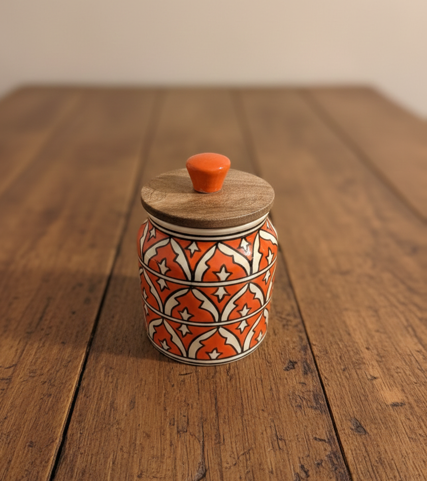 YUTORI Handcrafted Kitchenware Ceramic Container With Air Tight Wooden Lid Cap For Tea, Pickle, Sugar, Salt and for other Kitchen Items Ceramic Container- 400 ML Orange