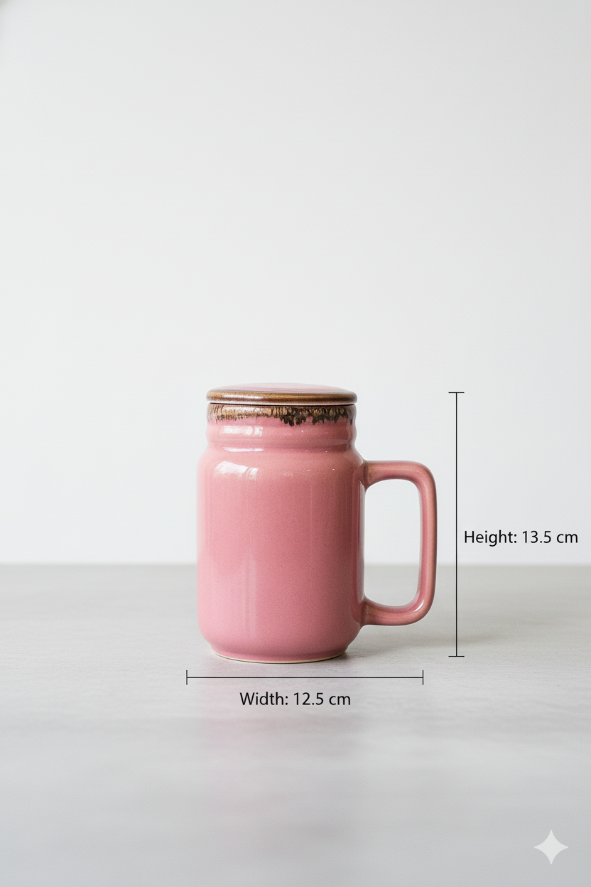 YUTORI Handmade Ceramic Coffee Mug with Lid – Pink Glazed with Drip Design– Cute & Stylish Drinkware for Home & Office | Perfect for Tea, Coffee & Gifting | Microwave Safe- 600ml
