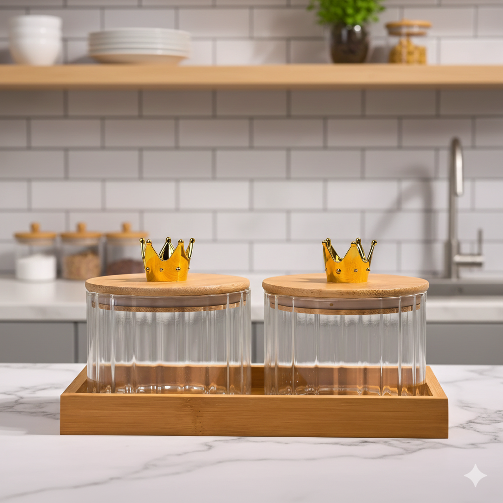 YUTORI Set of 2 Royal Crown Borosilicate Glass Jar Set with Bamboo Lids & Bamboo Tray – Clear Storage Containers for Kitchen – Airtight Spice, Sugar, Tea, Coffee Organizer