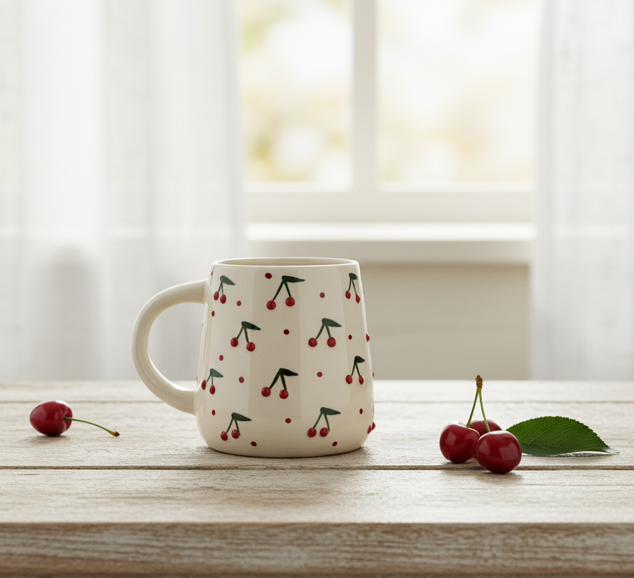 Set of 1 Ceramic Coffee Mug with Colorful 3D Cherry Design – Cute & Stylish Drinkware for Home & Office | Perfect for Tea, Coffee & Gifting | Microwave Safe- 450ml Capacity