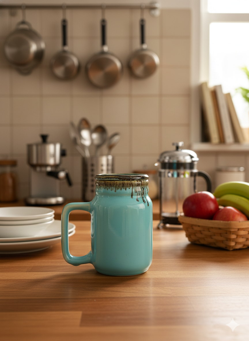 Handmade Ceramic Coffee Mug with Lid – Aquamarine Glazed with Drip Design– Cute & Stylish Drinkware for Home & Office | Perfect for Tea, Coffee & Gifting | Microwave Safe- 600ml