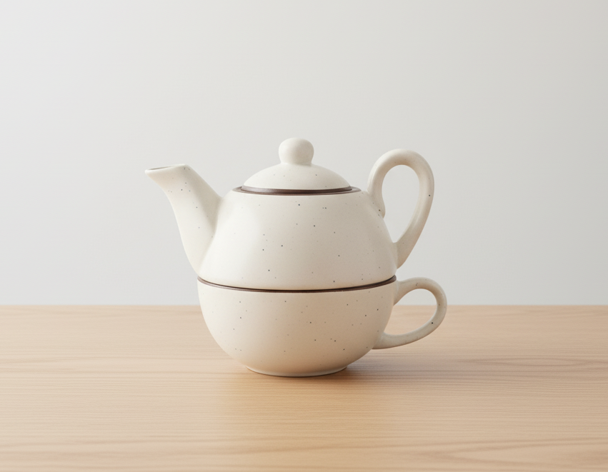 Handcrafted White Ceramic Kettle Tea Set with Elegant Speckled Design – 1 Floral Cup (350ml) and Teapot (450ml) | Handmade Ceramic Tea Set with Kettle | Microwave & Dishwasher Safe