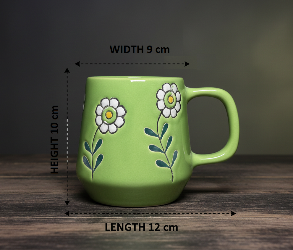 YUTORI Hand-Painted Ceramic Mug 400ml – Green Daisy Floral Coffee & Tea Cup | Cute Aesthetic Flower Mug | Durable Glossy Ceramic | Gift for Women & Home Kitchenware- 1 Pcs