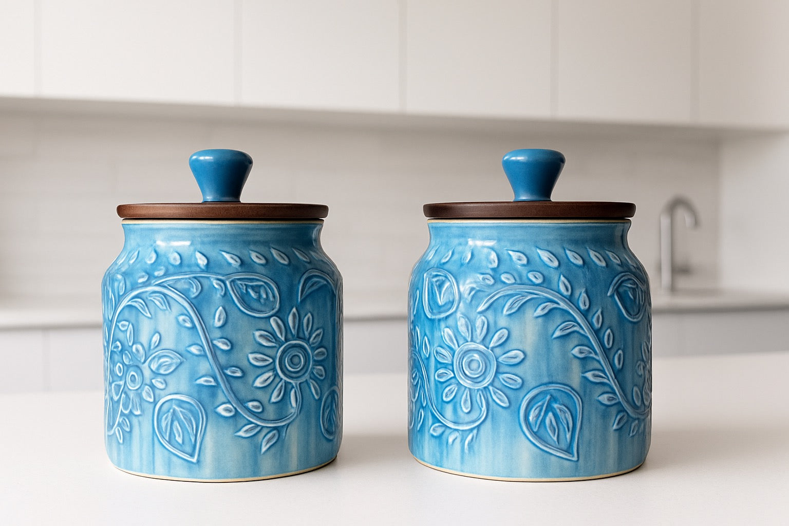 Set of 1 Premium Blue Ceramic Jar with Wooden Lid – Handcrafted Floral Embossed Design, Airtight Storage Container for Kitchen & Home Décor For Tea, Pickle, Sugar & Salt - 400ml