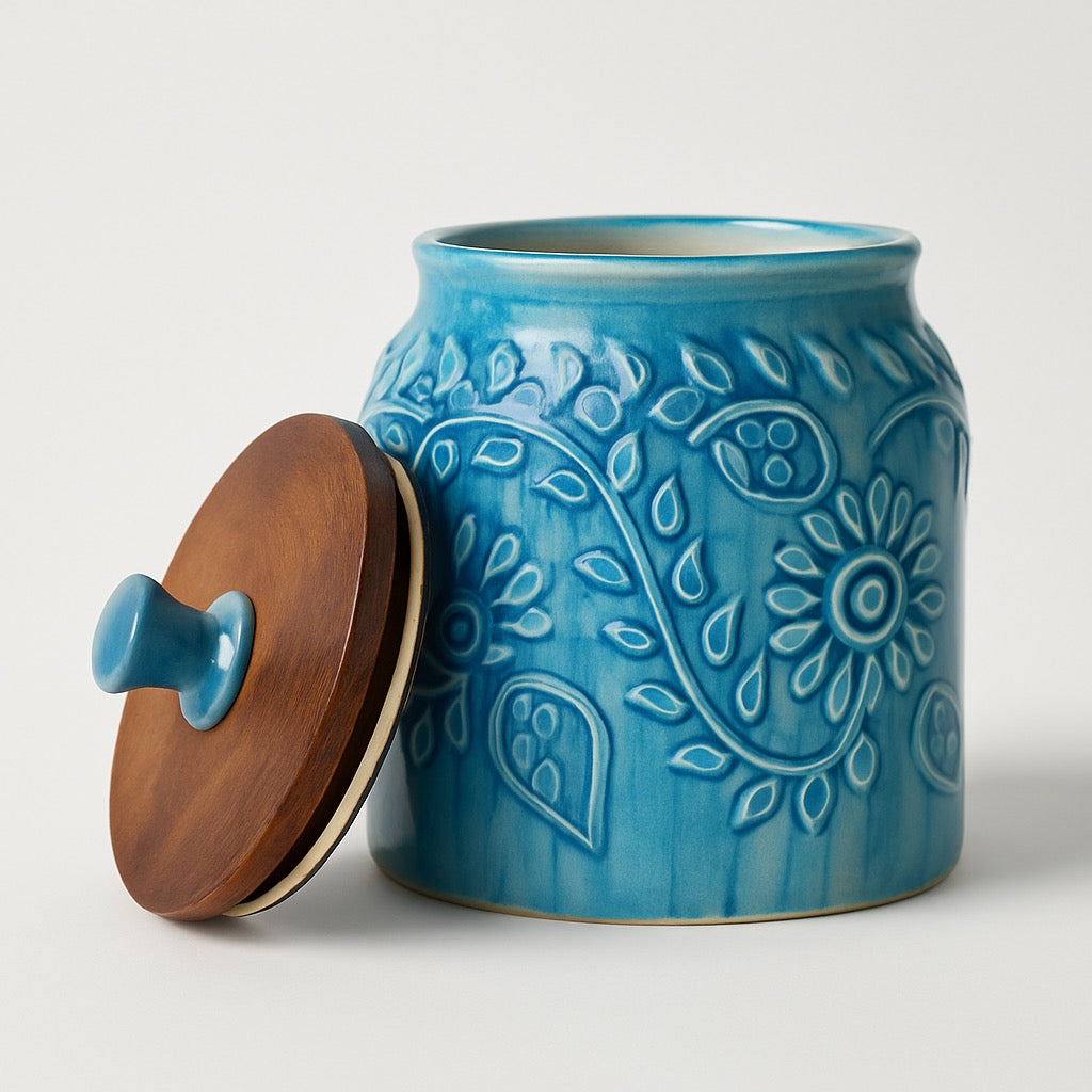 Set of 1 Premium Blue Ceramic Jar with Wooden Lid – Handcrafted Floral Embossed Design, Airtight Storage Container for Kitchen & Home Décor For Tea, Pickle, Sugar & Salt - 400ml