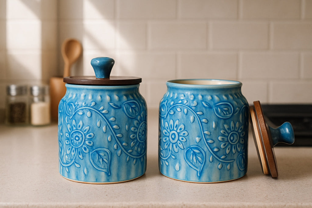 Set of 1 Premium Blue Ceramic Jar with Wooden Lid – Handcrafted Floral Embossed Design, Airtight Storage Container for Kitchen & Home Décor For Tea, Pickle, Sugar & Salt - 400ml