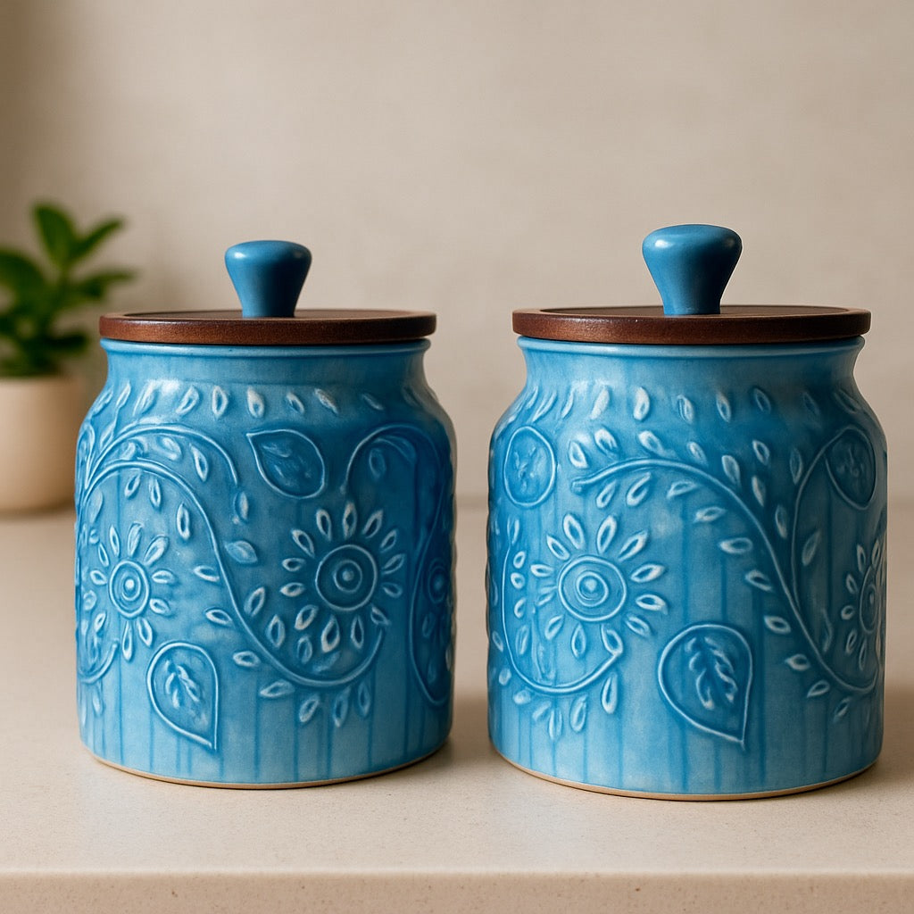 Set of 1 Premium Blue Ceramic Jar with Wooden Lid – Handcrafted Floral Embossed Design, Airtight Storage Container for Kitchen & Home Décor For Tea, Pickle, Sugar & Salt - 400ml