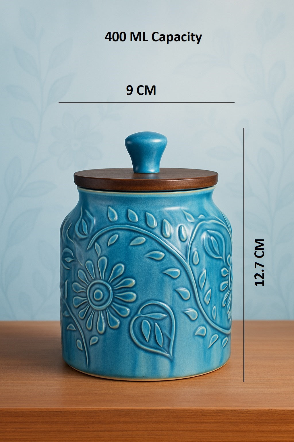 Set of 1 Premium Blue Ceramic Jar with Wooden Lid – Handcrafted Floral Embossed Design, Airtight Storage Container for Kitchen & Home Décor For Tea, Pickle, Sugar & Salt - 400ml