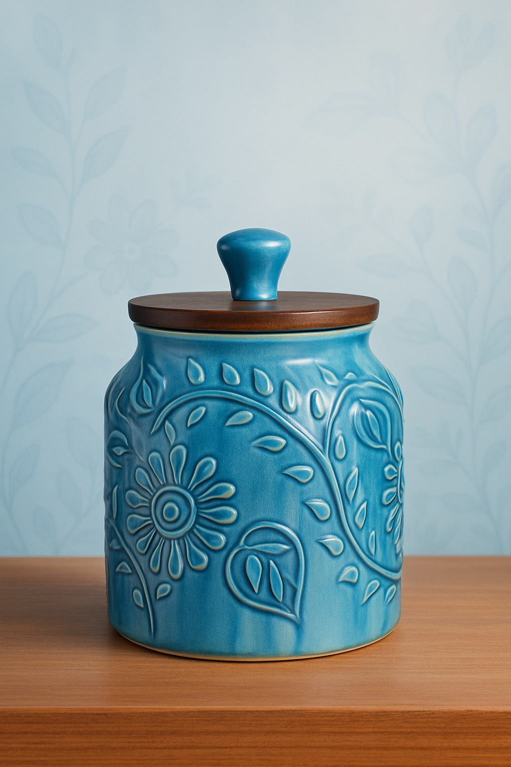 Set of 1 Premium Blue Ceramic Jar with Wooden Lid – Handcrafted Floral Embossed Design, Airtight Storage Container for Kitchen & Home Décor For Tea, Pickle, Sugar & Salt - 400ml