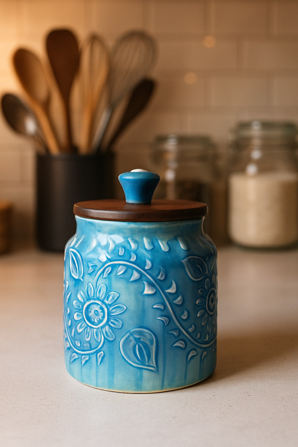 Set of 1 Premium Blue Ceramic Jar with Wooden Lid – Handcrafted Floral Embossed Design, Airtight Storage Container for Kitchen & Home Décor For Tea, Pickle, Sugar & Salt - 400ml