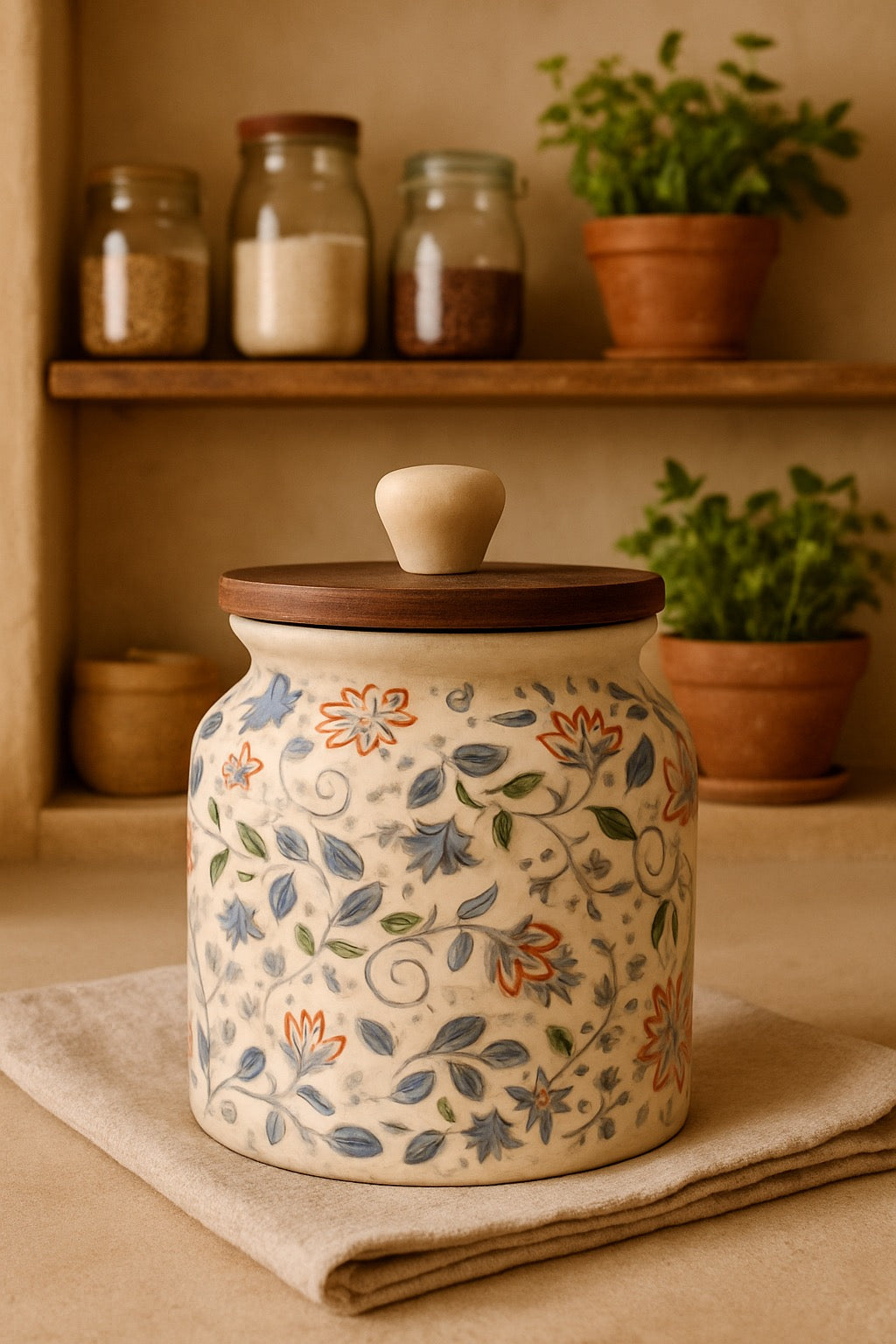 YUTORI Set of 1 Handcrafted Ceramic Storage Jar with Wooden Lid Cap– Multicolour Floral Design | Airtight Kitchen Container for Tea, Pickle, Sugar, Salt, Spices, Snacks & More- 450 Ml