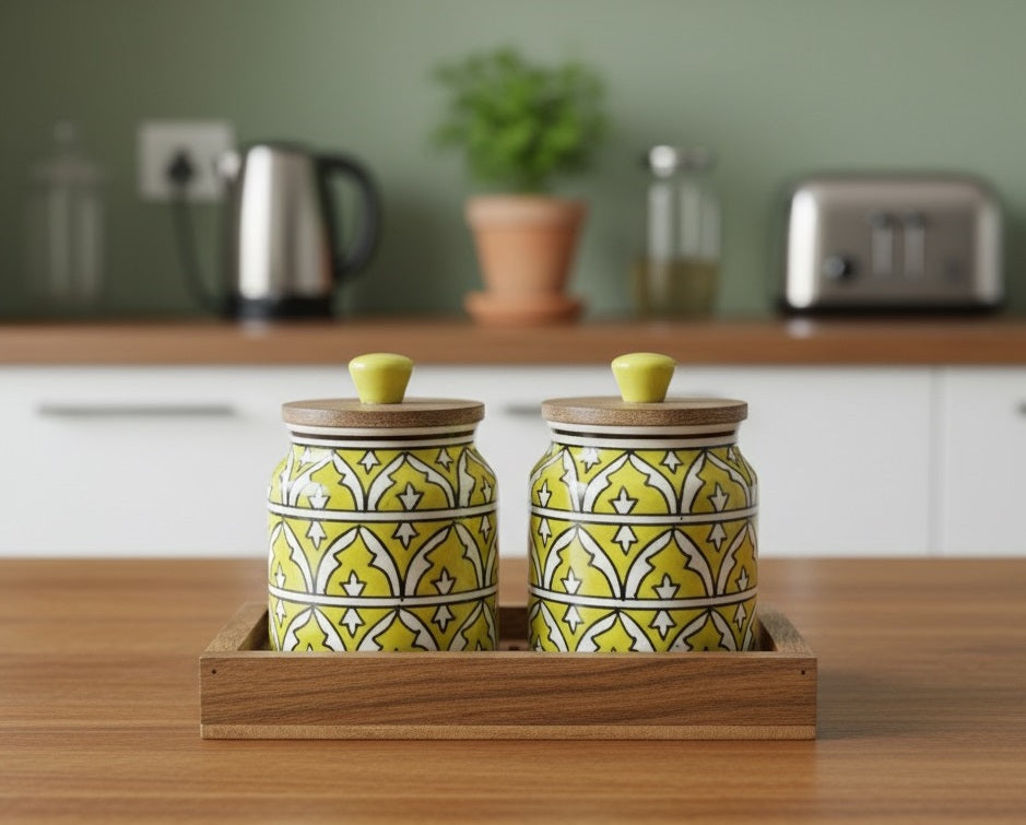 YUTORI Set of 2 Premium Ceramic Jar Airtight With Wooden Tray– Handcrafted Floral Embossed Design Storage Container for Kitchen & Home Décor For Tea, Pickle, Sugar & Salt - 400ml Each (Yelow)