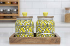YUTORI Set of 2 Premium Ceramic Jar Airtight With Wooden Tray– Handcrafted Floral Embossed Design Storage Container for Kitchen & Home Décor For Tea, Pickle, Sugar & Salt - 400ml Each (Yelow)