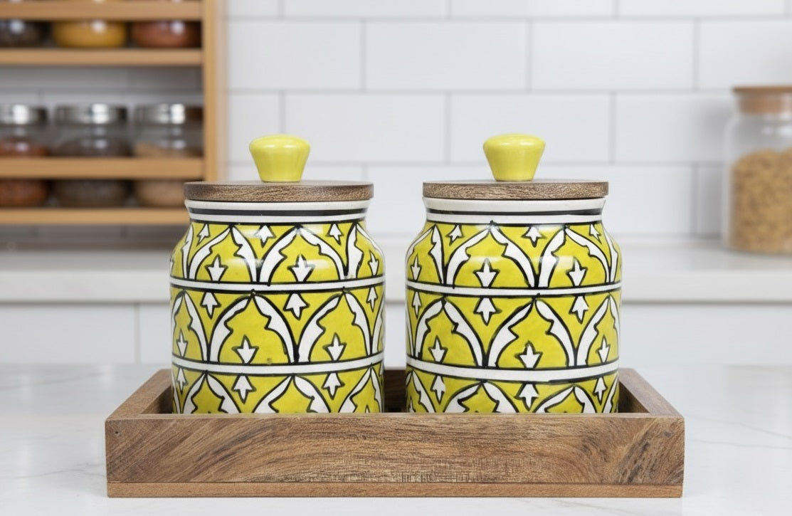 YUTORI Set of 2 Premium Ceramic Jar Airtight With Wooden Tray– Handcrafted Floral Embossed Design Storage Container for Kitchen & Home Décor For Tea, Pickle, Sugar & Salt - 400ml Each (Yelow)