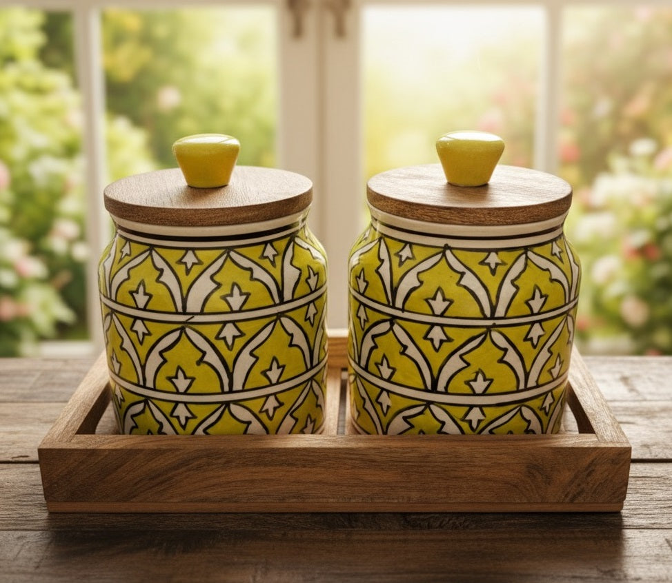 YUTORI Set of 2 Premium Ceramic Jar Airtight With Wooden Tray– Handcrafted Floral Embossed Design Storage Container for Kitchen & Home Décor For Tea, Pickle, Sugar & Salt - 400ml Each (Yelow)