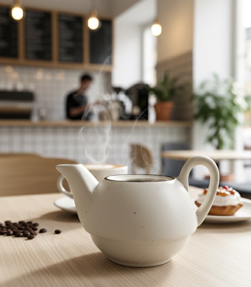 Handcrafted White Ceramic Kettle Tea Set with Elegant Speckled Design – 1 Floral Cup (350ml) and Teapot (450ml) | Handmade Ceramic Tea Set with Kettle | Microwave & Dishwasher Safe