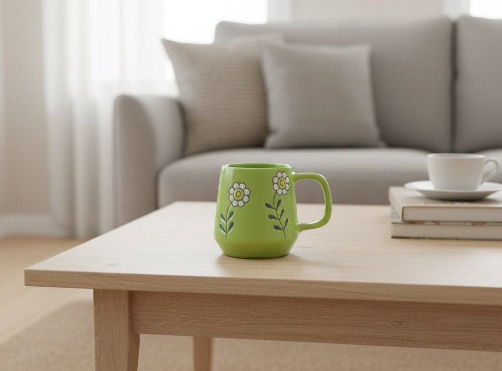 YUTORI Hand-Painted Ceramic Mug 400ml – Green Daisy Floral Coffee & Tea Cup | Cute Aesthetic Flower Mug | Durable Glossy Ceramic | Gift for Women & Home Kitchenware- 1 Pcs