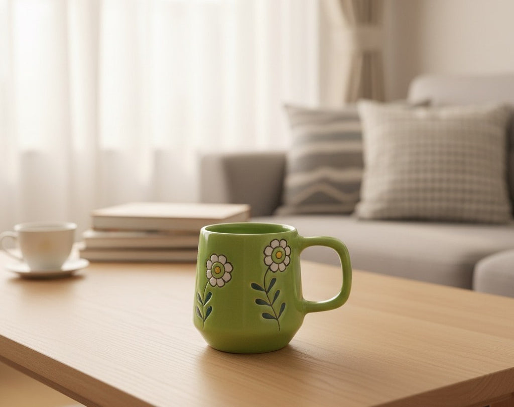 YUTORI Hand-Painted Ceramic Mug 400ml – Green Daisy Floral Coffee & Tea Cup | Cute Aesthetic Flower Mug | Durable Glossy Ceramic | Gift for Women & Home Kitchenware- 1 Pcs