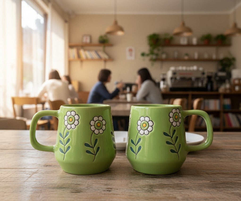 YUTORI Hand-Painted Ceramic Mug 400ml – Green Daisy Floral Coffee & Tea Cup | Cute Aesthetic Flower Mug | Durable Glossy Ceramic | Gift for Women & Home Kitchenware- 1 Pcs
