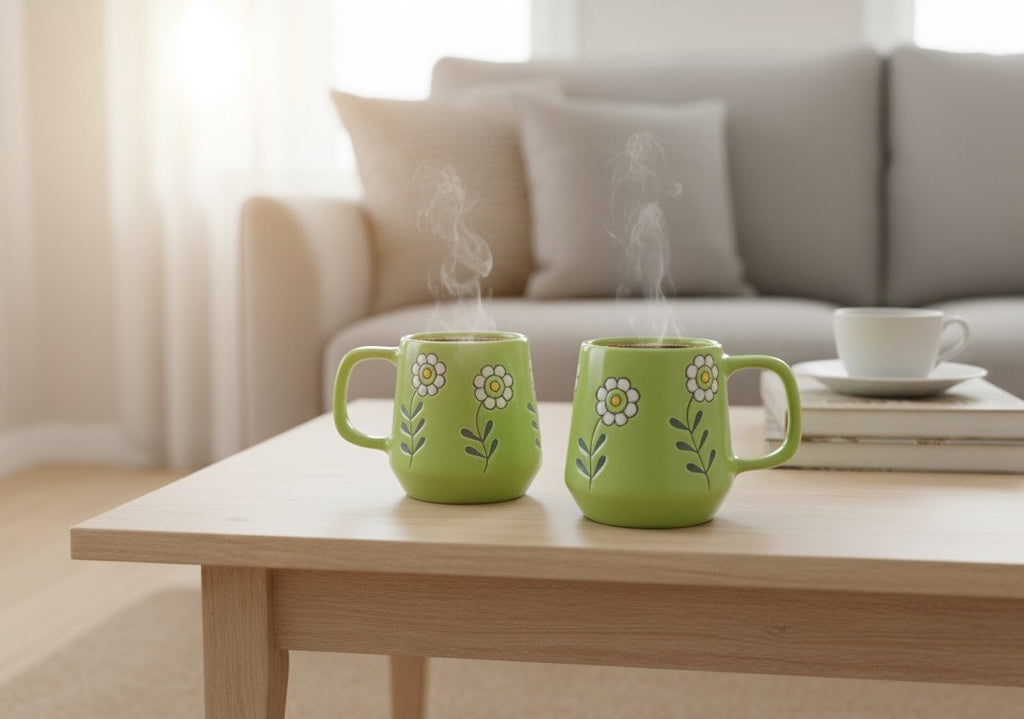 YUTORI Hand-Painted Ceramic Mug 400ml – Green Daisy Floral Coffee & Tea Cup | Cute Aesthetic Flower Mug | Durable Glossy Ceramic | Gift for Women & Home Kitchenware- 1 Pcs