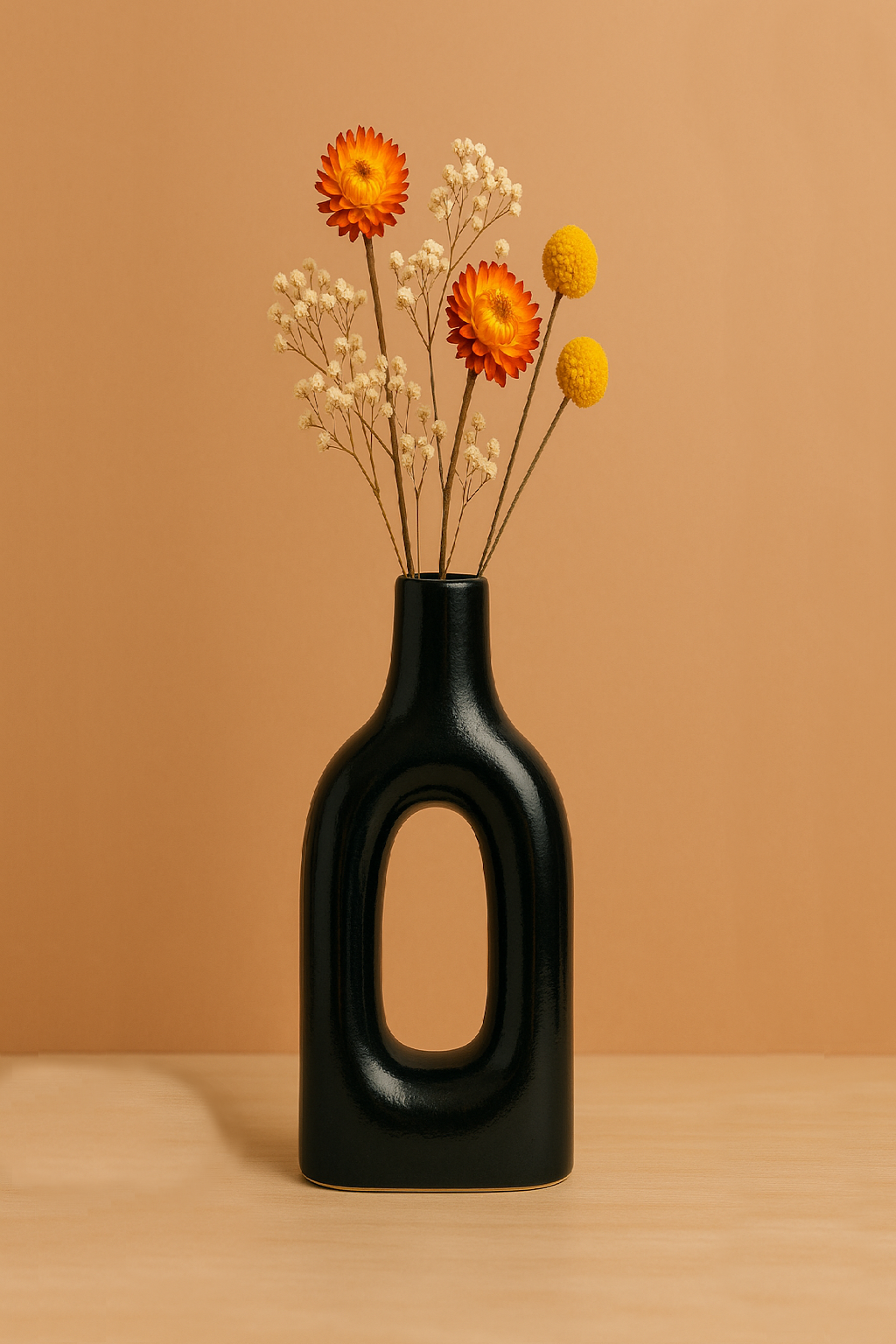 Home Decor Ceramic Flower Vase Minimalist Arch Design- Black