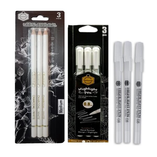 3 White Charcoal Pencil Set and 3 White Highlighter Gel Pen for Drawing and Sketching