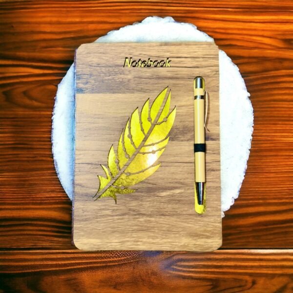 Wooden Design Diary With Pen Useful Gift Set Notebook Journal Diary For Personal & Home Study, Office & College Use 80 GSM- A5 Size (Gold Feather Design)
